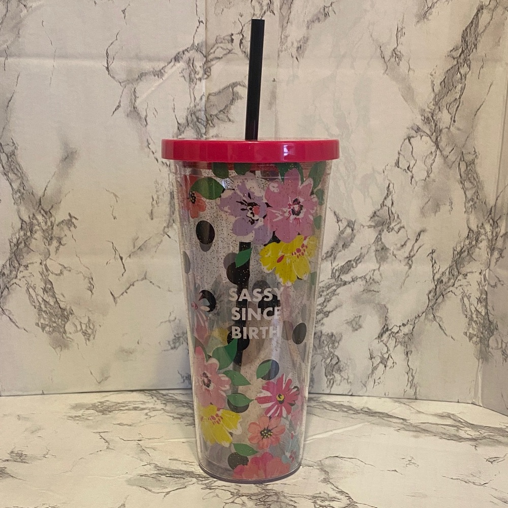 NWT, Icing Clear Multicolor Floral Insulated Tumbler with Straw W/ Text